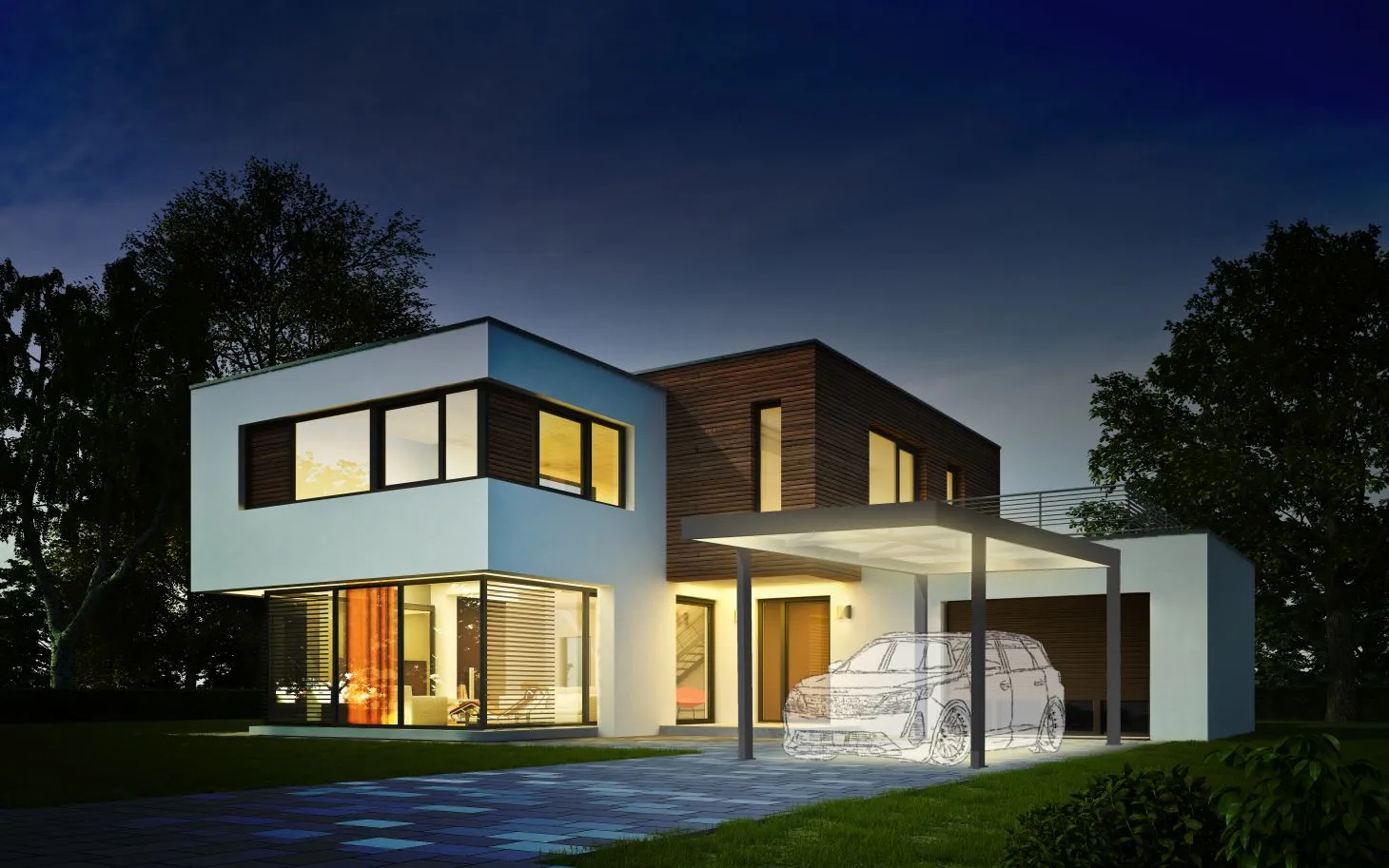 Carport IZICAR de Marquises de nuit avec voiture et eclairage LED solaire