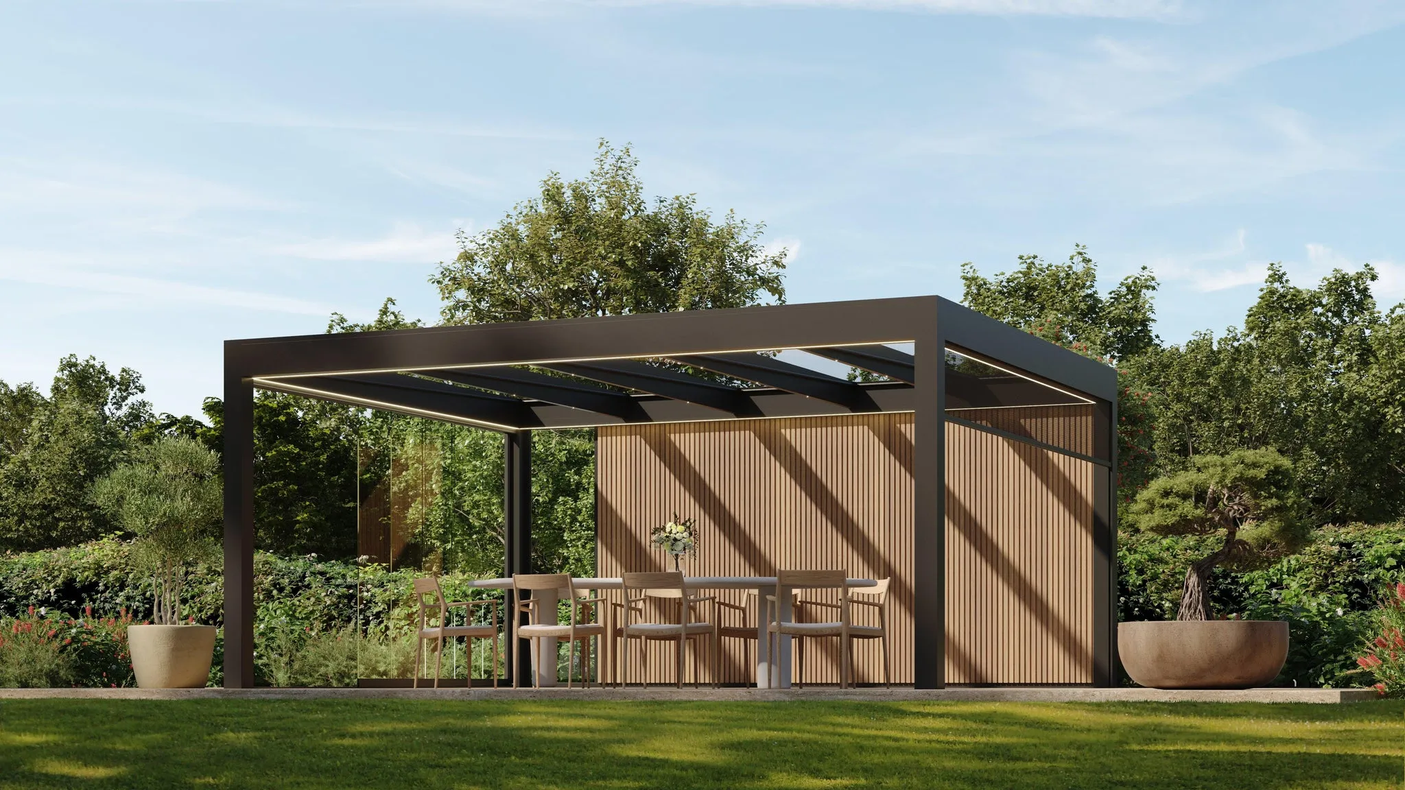 Pergola toit plat Skylux Calista avec LED integrees et parois